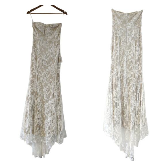 Lulus Beige and White Lace Strapless Maxi Dress - Picture 3 of 7